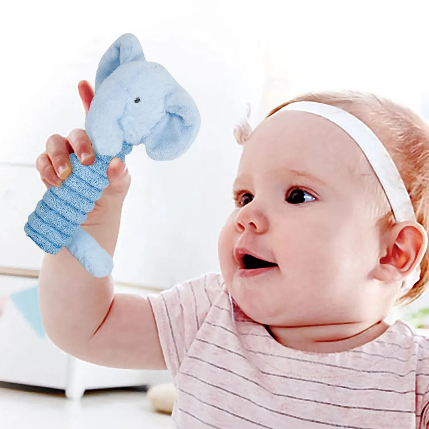 Baby Moo Elephant Squeaker And Rustle Paper Handheld Rattle Toy - Blue