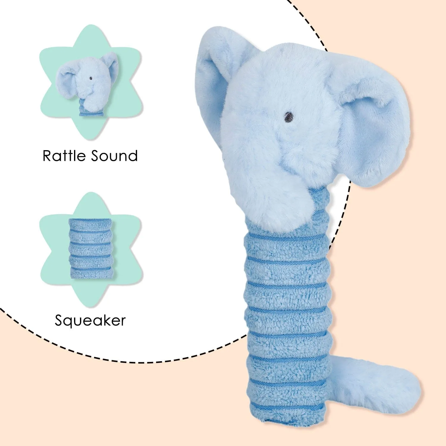 Baby Moo Elephant Squeaker And Rustle Paper Handheld Rattle Toy - Blue