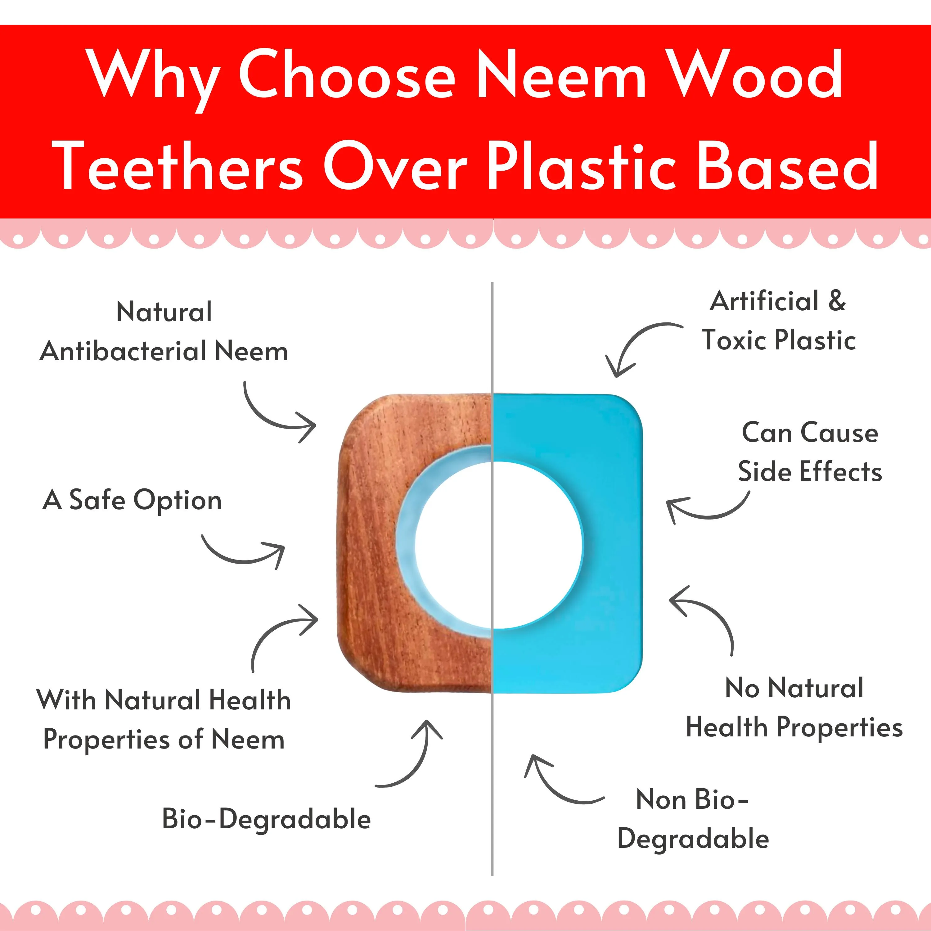 Babycov Cute Hexagon and Square Natural Neem Wood Teethers for Babies | Natural and Safe | Goodness of Organic Neem Wood | Both Chewing and Grasping Toy | Set of 2 (Age 4  Months)