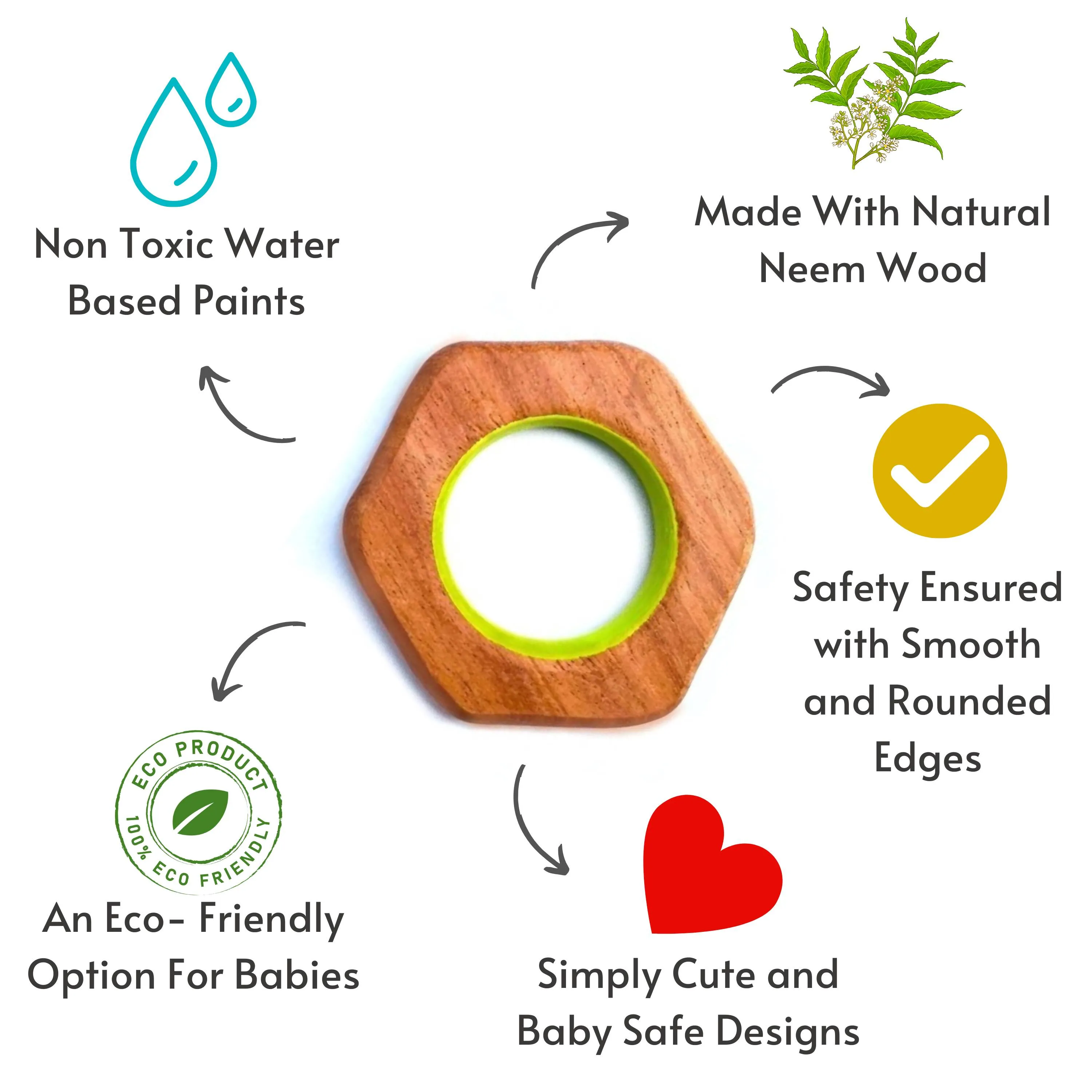 Babycov Cute Hexagon and Square Natural Neem Wood Teethers for Babies | Natural and Safe | Goodness of Organic Neem Wood | Both Chewing and Grasping Toy | Set of 2 (Age 4  Months)