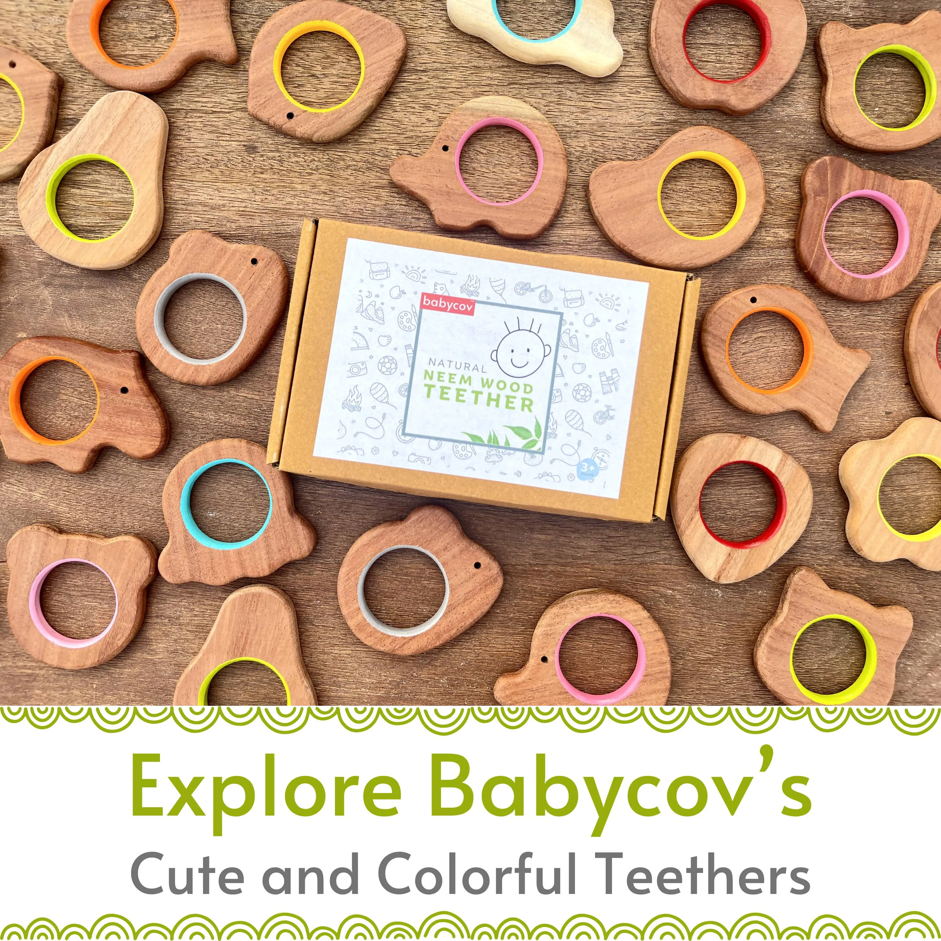 Babycov Cute Hexagon and Square Natural Neem Wood Teethers for Babies | Natural and Safe | Goodness of Organic Neem Wood | Both Chewing and Grasping Toy | Set of 2 (Age 4  Months)