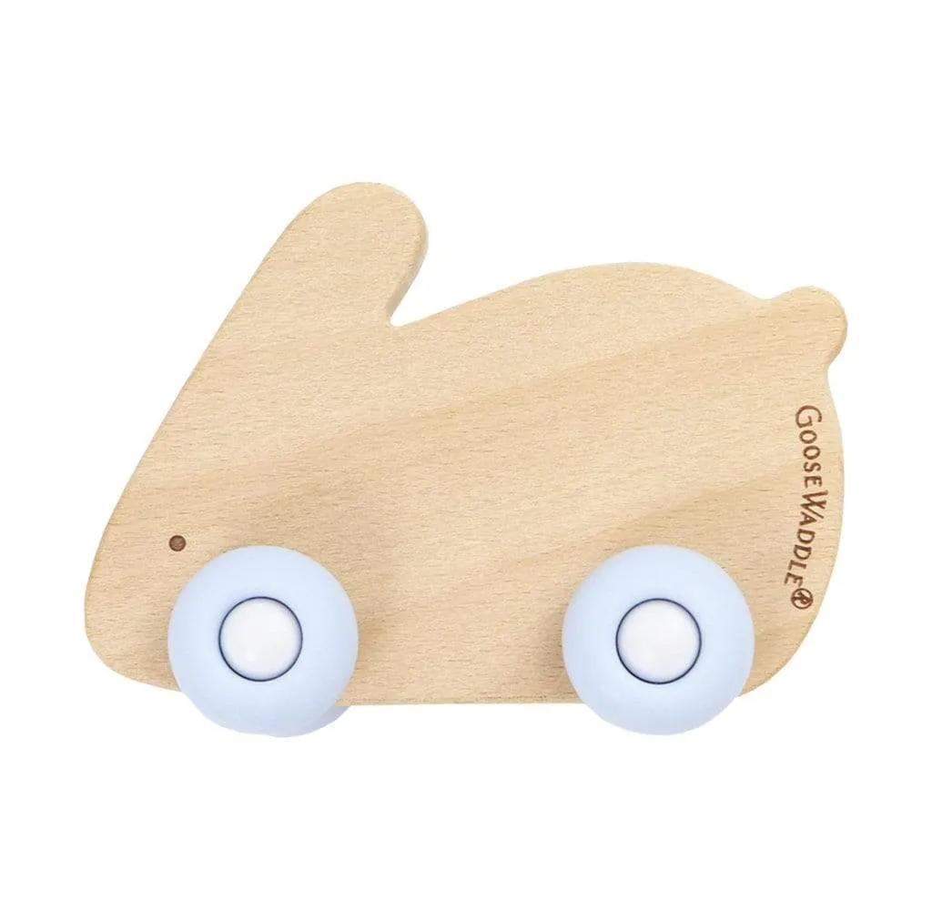 Blue Bunny Silicone   Wood Teether with Wheels