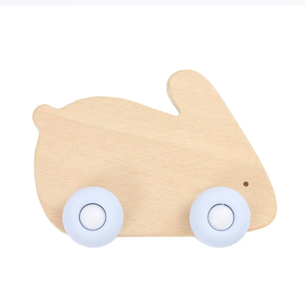 Blue Bunny Silicone   Wood Teether with Wheels