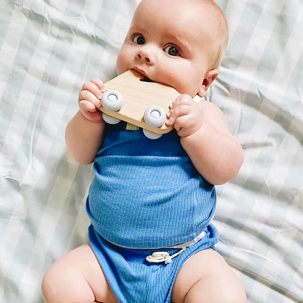 Blue Bunny Silicone   Wood Teether with Wheels