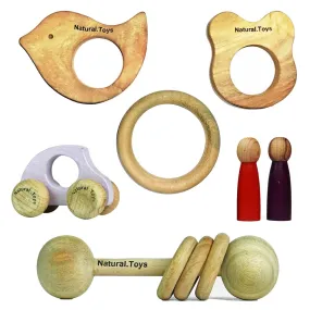 Buy Neem Wood Teether Combo (Dumbbell Rattler   Mouse Teether   Bird Teether   75mm Ring   Two Peg Dolls   Purple Toy Car) | Natural Toys