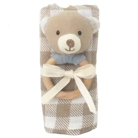 Gingham Muslin And Bear Wood Rattle Gift Set