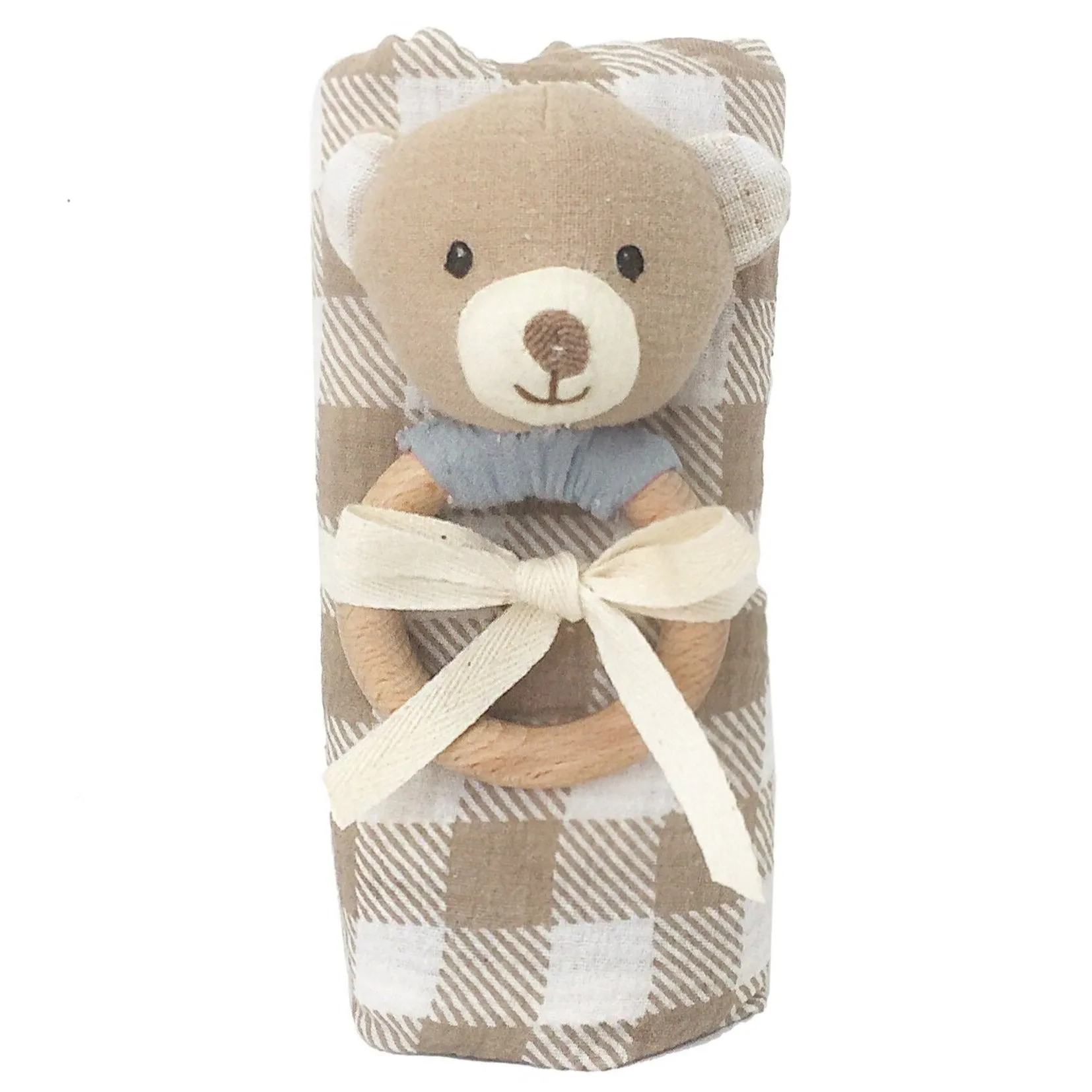 Gingham Muslin And Bear Wood Rattle Gift Set