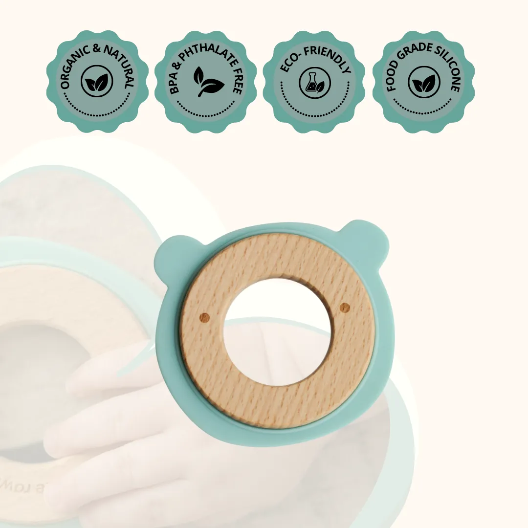 Little Rawr Wood   Silicone Disc Teether- BEAR Shape- Blue