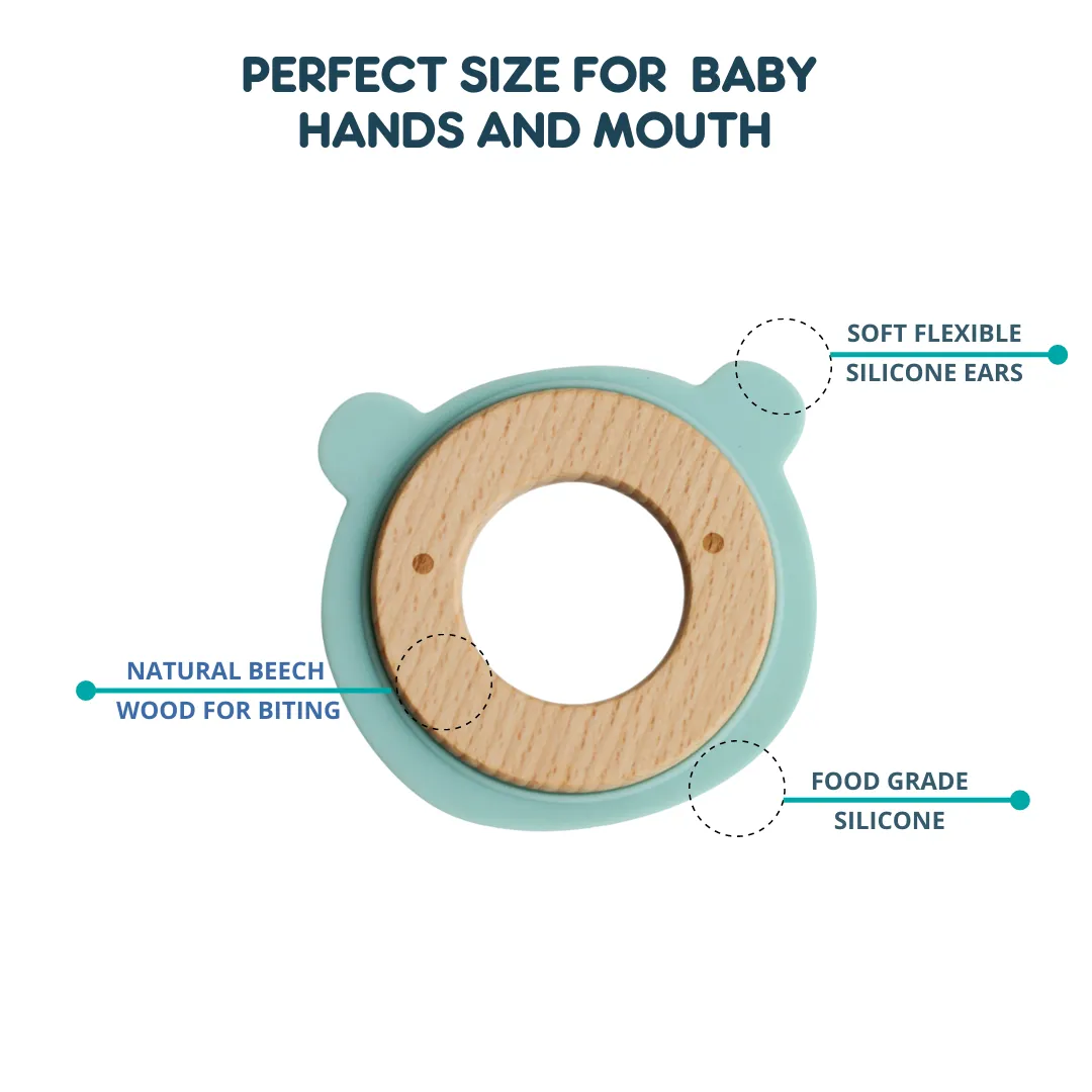 Little Rawr Wood   Silicone Disc Teether- BEAR Shape- Blue