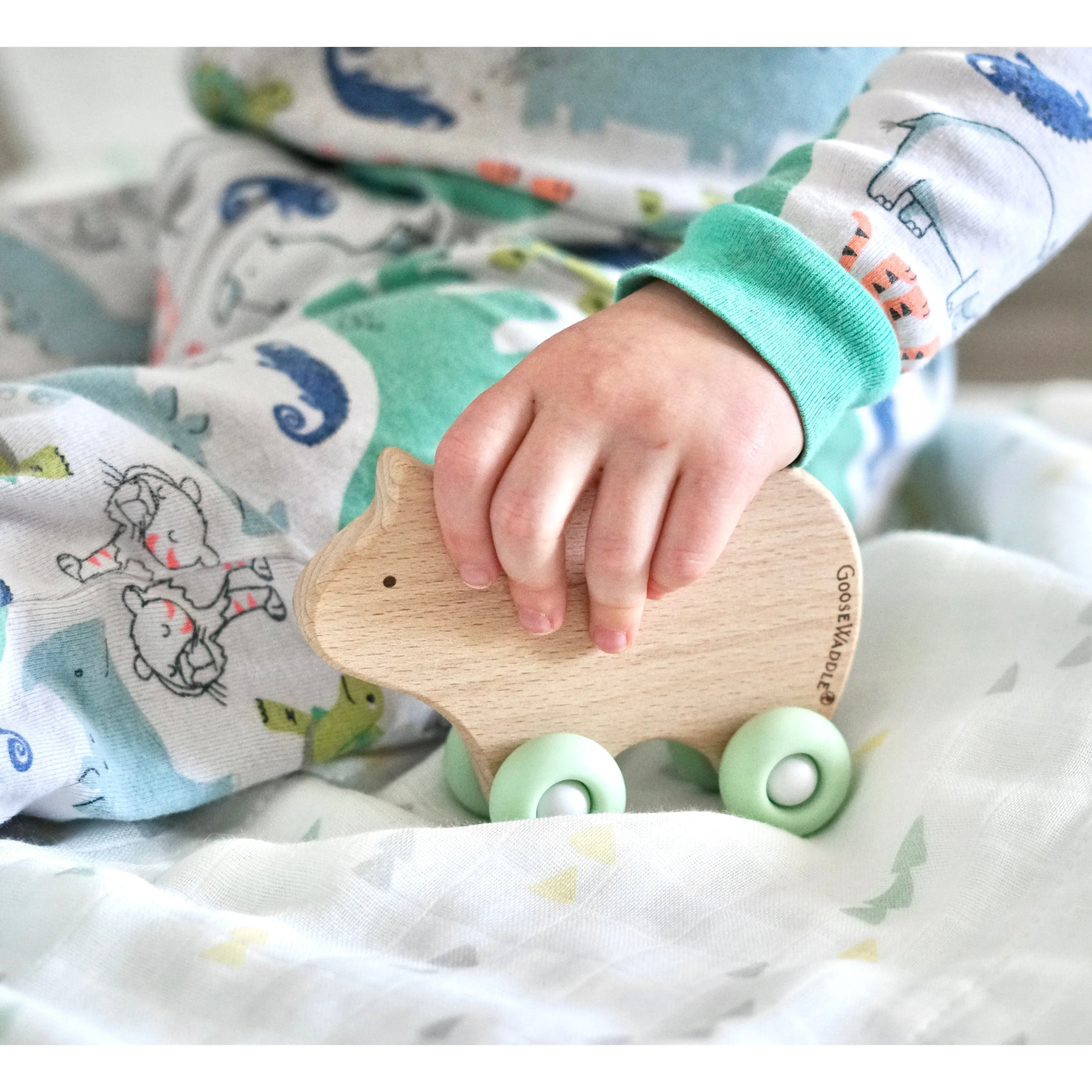 Mint Bear Silicone   Wood Teether with Wheels