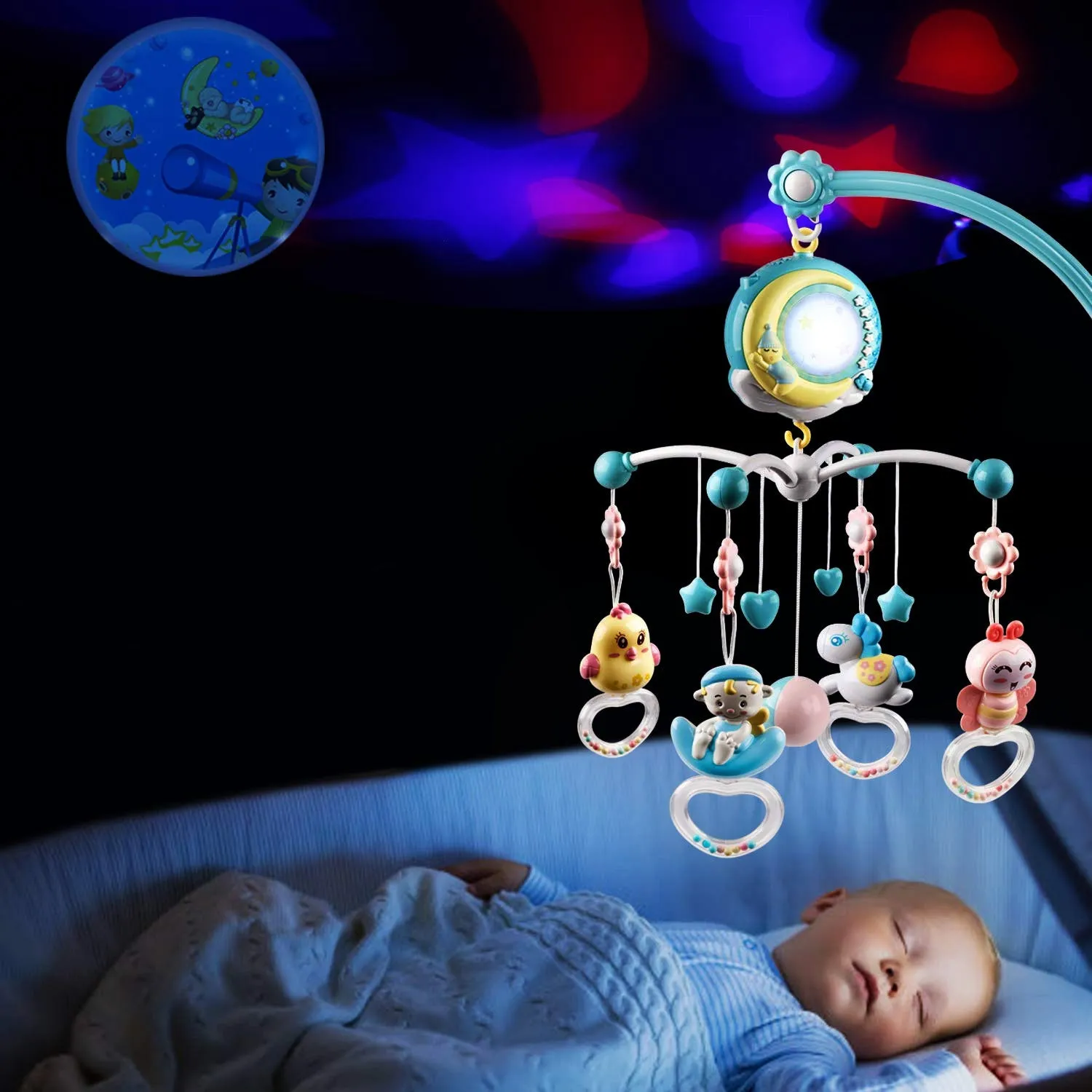 Mobile Star Projection Nursery Light Baby Rattle Toy with Music Box Remote Control