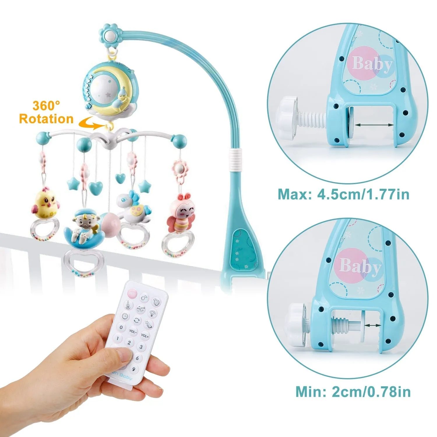 Mobile Star Projection Nursery Light Baby Rattle Toy with Music Box Remote Control