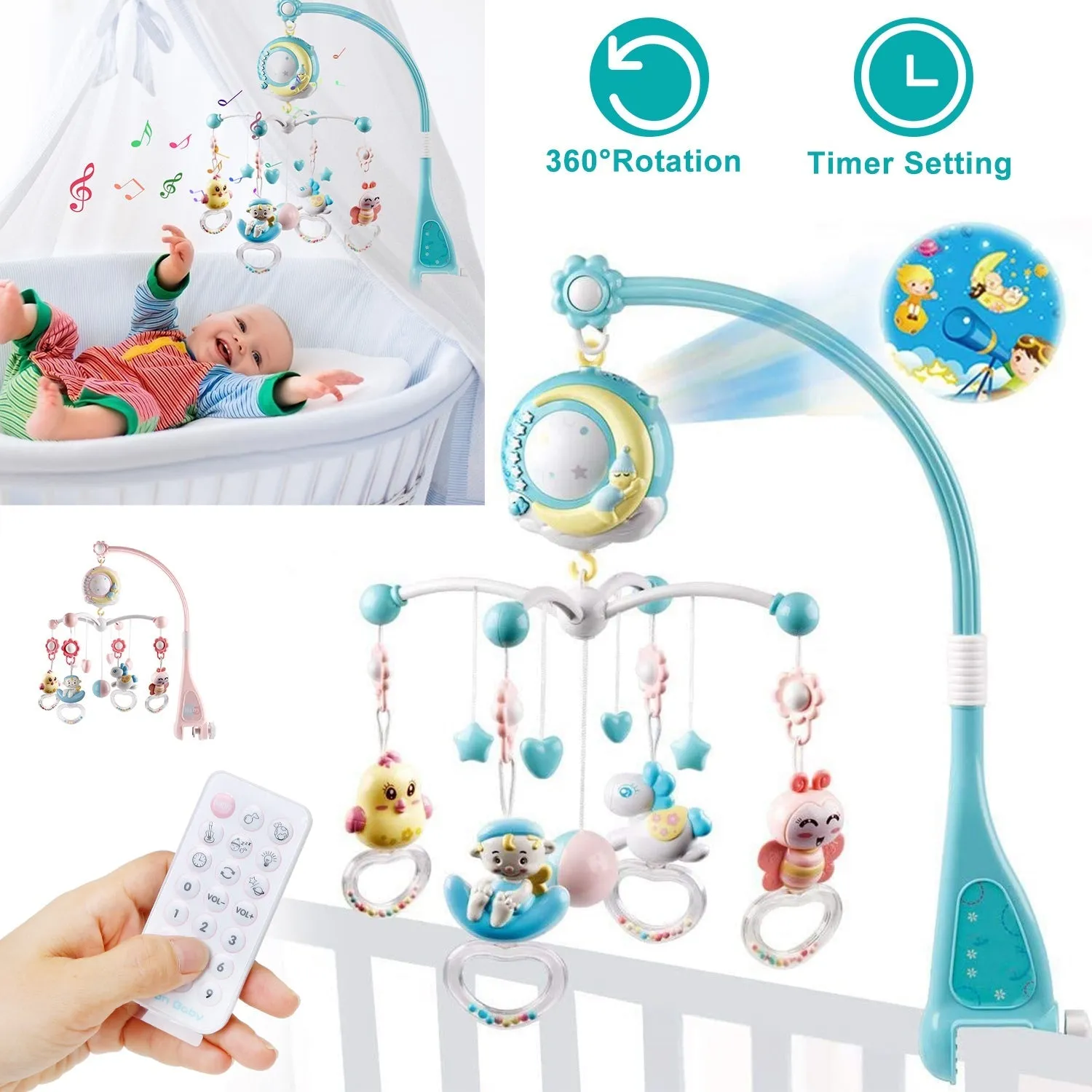Mobile Star Projection Nursery Light Baby Rattle Toy with Music Box Remote Control