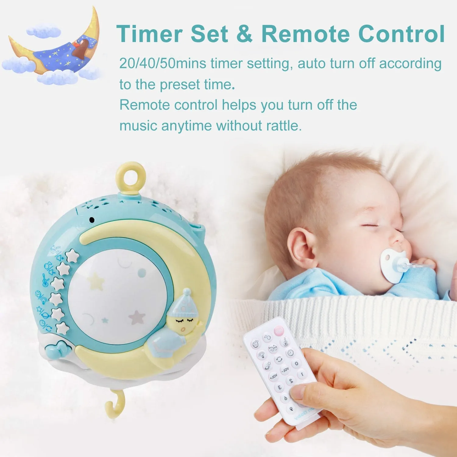Mobile Star Projection Nursery Light Baby Rattle Toy with Music Box Remote Control