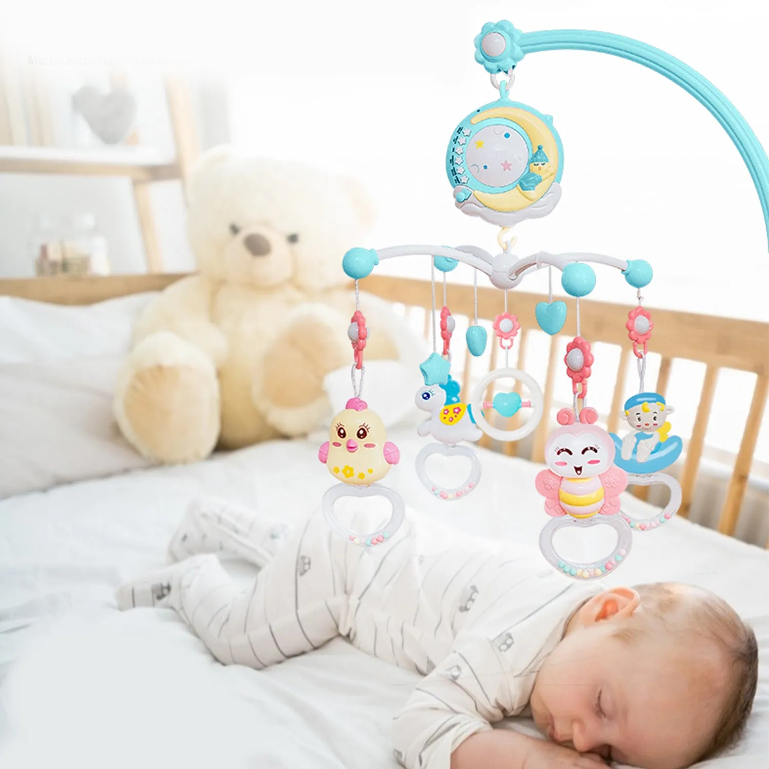 Mobile Star Projection Nursery Light Baby Rattle Toy with Music Box Remote Control