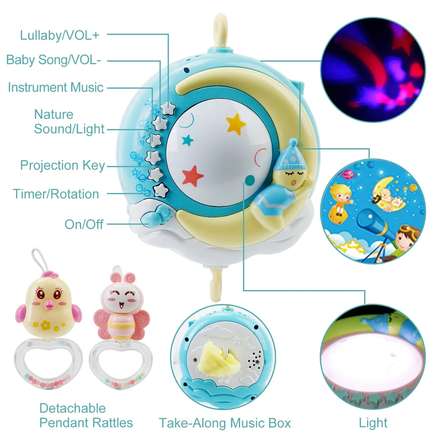Mobile Star Projection Nursery Light Baby Rattle Toy with Music Box Remote Control