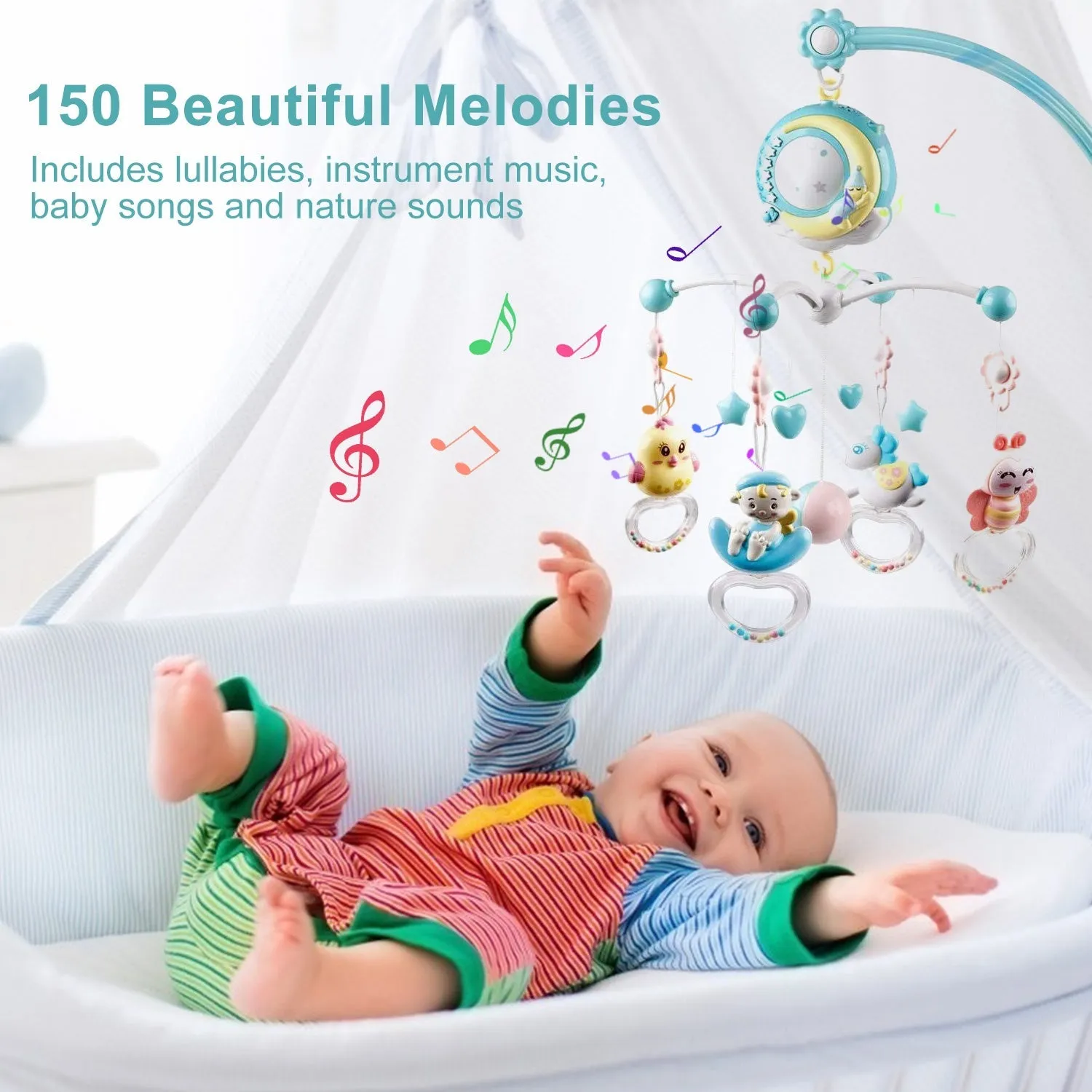 Mobile Star Projection Nursery Light Baby Rattle Toy with Music Box Remote Control