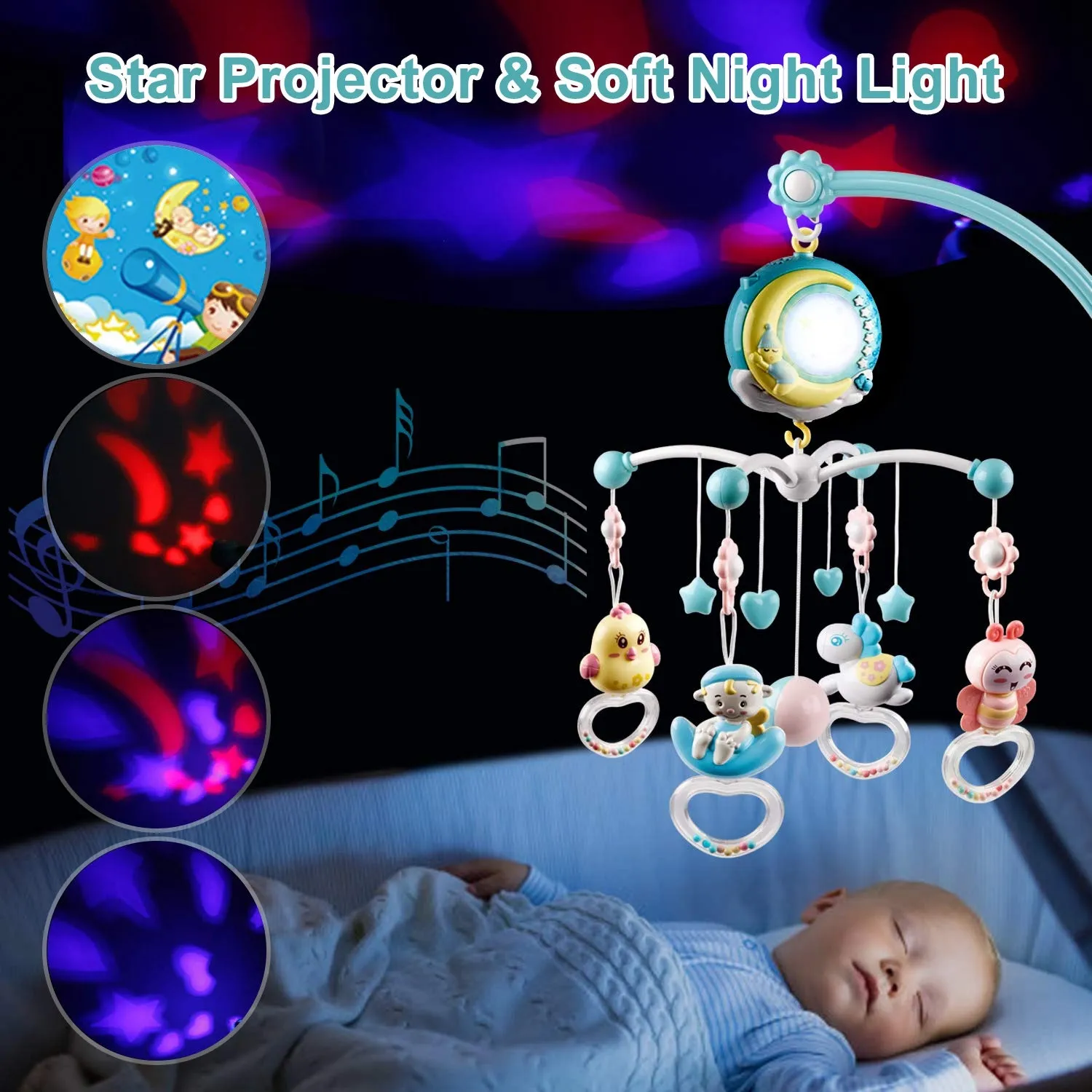 Mobile Star Projection Nursery Light Baby Rattle Toy with Music Box Remote Control