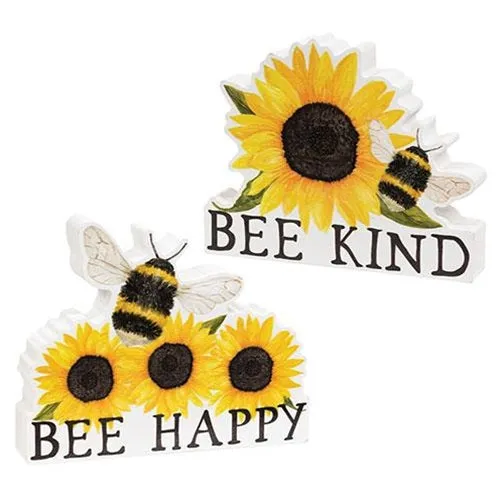 Set of 2 Bee Kind Happy Bee & Sunflower Block Signs