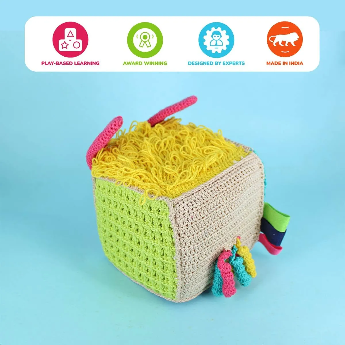 Shumee Crochet Sensory Cube for Babies (0-2 Ys) | Activity Handmade Cube Toy for Babies Toddlers, Boys, Girls, Sensory & Imaginative Plush Toy | Educational & Learning Baby Toys, Multi