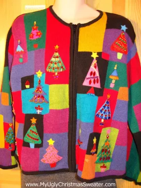 Tacky 80s Style Ugly Christmas Sweater with Padded Shoulders and Bling Christmas Trees (f747)