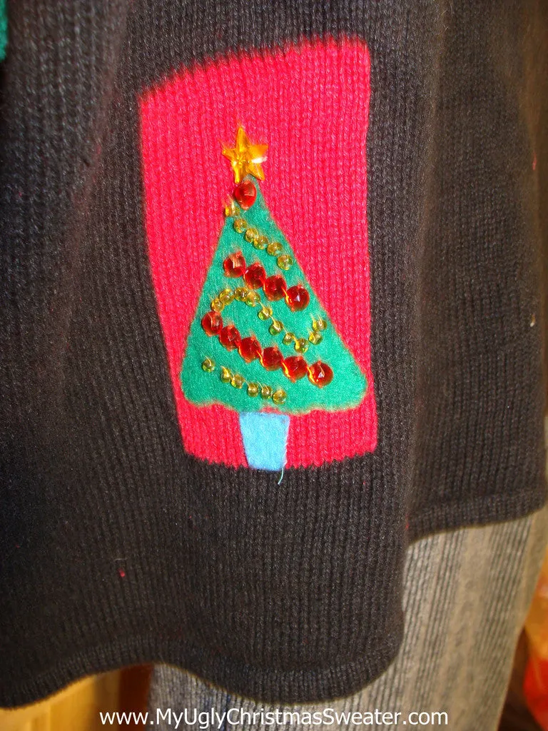Tacky 80s Style Ugly Christmas Sweater with Padded Shoulders and Bling Christmas Trees (f747)