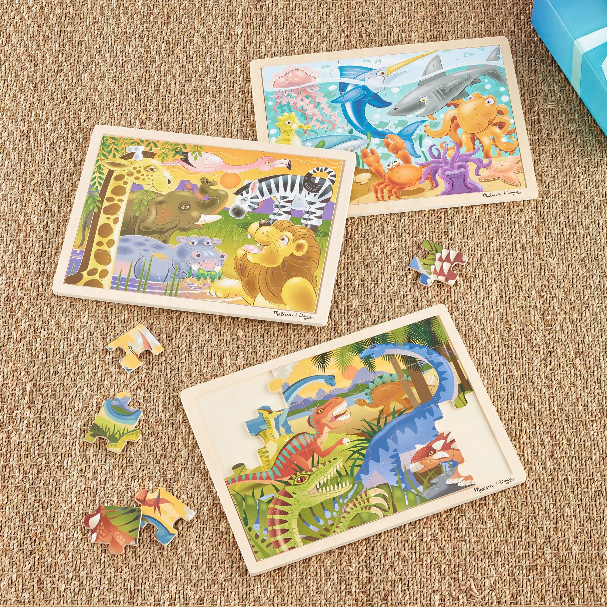 Wooden Jigsaw Puzzle 3-Pack: Dinosaur, African Plains, Under the Sea