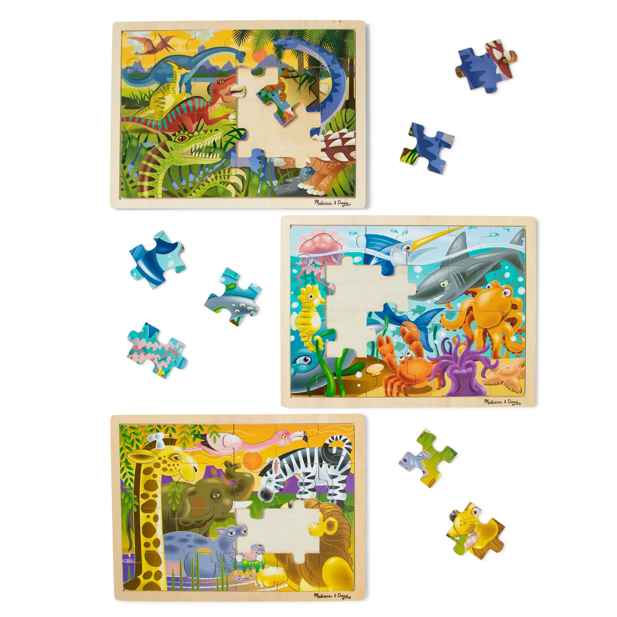 Wooden Jigsaw Puzzle 3-Pack: Dinosaur, African Plains, Under the Sea