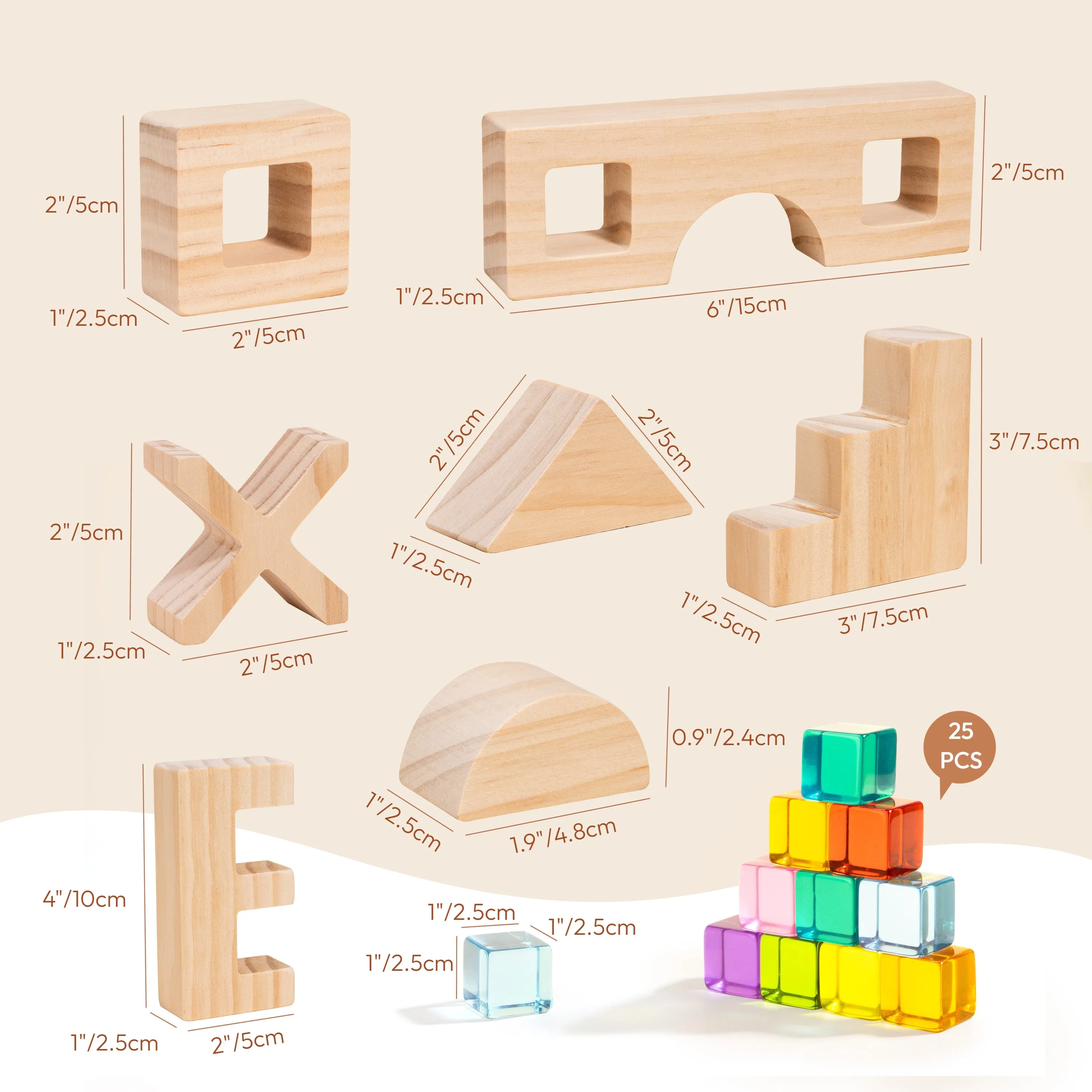 Woodtoe Wooden Rainbow Building Blocks Set for Kids | 22 PCS Wooden Blocks & 25 PCS Acrylic Gem Cubes Sensory Toys | Montessori Stacking Toys for Toddlers | Educational STEM Toys for Boys Girls 3-6